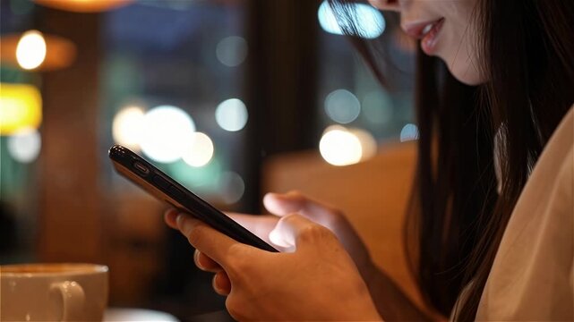 Modern digital lifestyle scene of a woman using smartphone and laptop in a cafe, representing remote work, online communication, productivity, and flexible working environment.