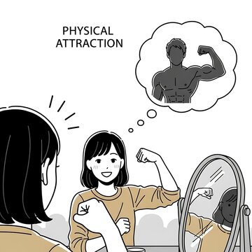 Woman flexing in front of mirror with thought bubble of muscular man