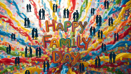 Happy family day celebration with colorful silhouettes and vibrant backgrounds