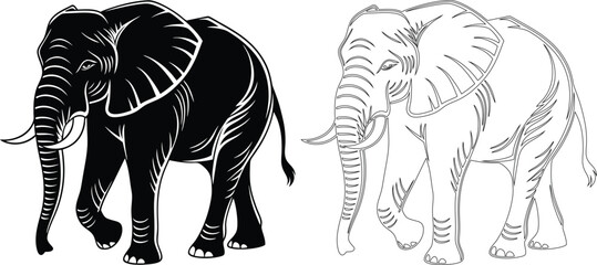 Elephant Line Art Outline Vector Illustration.