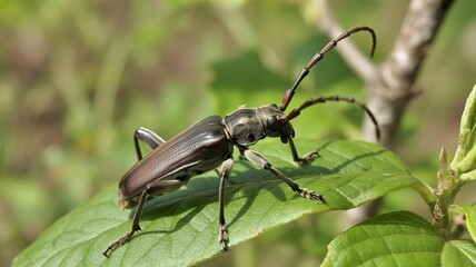 Close-up detailed view of a dark brown beetle perched on a green leaf with antennae and legs visible in a natural outdoor setting with blurred background.