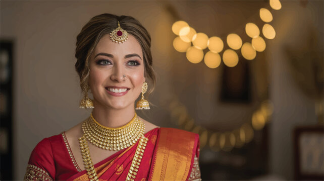Smiling Indian woman in traditional red saree with gold jewelry