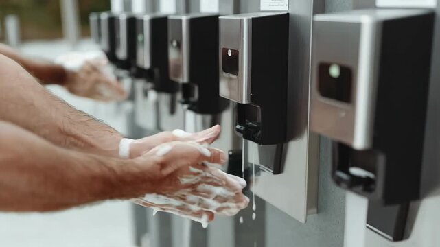 Medium shot showing hands sanitizing machine dispensers highlighting careful attention to dispensing areas for optimal hygiene.