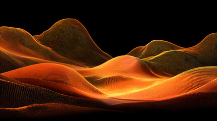 Ultra HD Abstract glowing orange and yellow digital landscape with undulating forms on a black background, representing futuristic data visualization or sound waves image