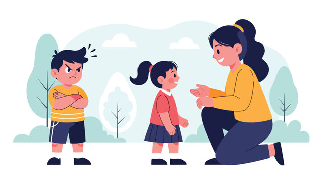 Modern flat illustration of a jealous child with crossed arms, ideal for emotional learning charts, behavior materials, and educational visuals