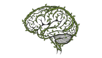 Brain with green vines and leaves growing around it symbolizing growth