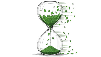 Vibrant green leaves flowing through modern hourglass