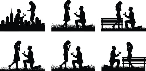 Romantic marriage proposal silhouettes: six scenes of a man kneeling and offering a ring to a woman