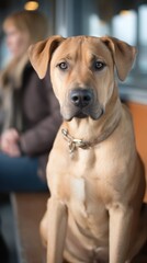 Adopter comforts rescue dog in bright home interior