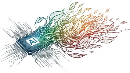 Vibrant AI microchip with colorful leaves emerging