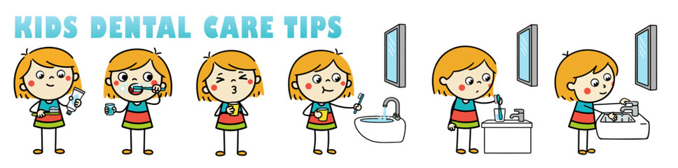 Kids dental care tips featuring cartoon girl showing everyday oral routine, vector illustration on removable white background