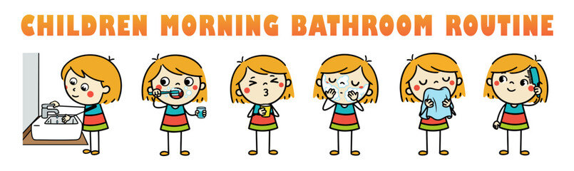 Children morning bathroom routine featuring cartoon girl doing main actions, vector illustration on removable white background