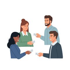 Fototapeta premium Four professionals exchanging business cards at a networking event
