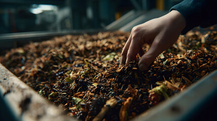 Ultra HD Closeup of a hand sifting through rich organic compost material, demonstrating sustainable waste management and recycling for healthy soil image