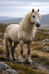 White Wild Horse Standing in Rugged Highland Landscape