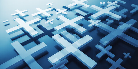 3D Rendered Blue Plus Signs and Equals Signs in a Dynamic Arrangement 