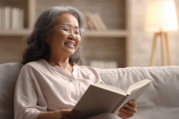 Senior Woman Reading Book in Cozy Living Room with Soft Lighting.