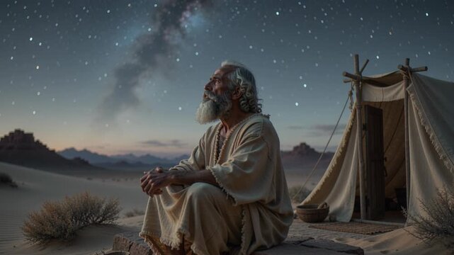 Abraham Sitting on Step Gazing at Starry Night Sky, Faith and Reflection in Biblical History	