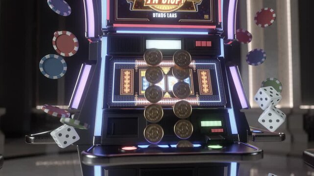 3D Casino Slot Machine Neon Lights with Flying Chips and Dice, Gambling Concept	