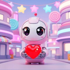 Cute robot holding heart in sweet cityscape