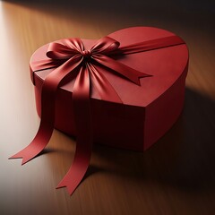 Beautiful red heart shaped gift box with ribbon on wooden table