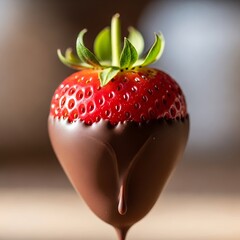 Delicious chocolate covered strawberry with green leaves