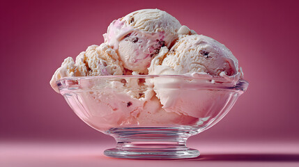 Ultra HD Delicious scoops of creamy ice cream in a clear glass bowl, presented against a vibrant pink background, a sweet and refreshing dessert image