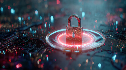 A futuristic digital lock sits on a circuit board, surrounded by glowing lights, symbolizing cybersecurity and data protection.