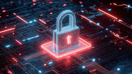 A digital padlock on a circuit-like background, symbolizing cybersecurity and data protection with glowing neon elements.