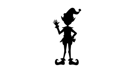 Black silhouette of an elf with a pointed hat and curled shoes, waving hello