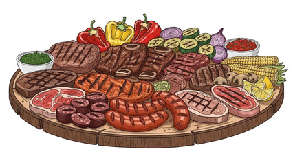 Delicious grilled meats and vegetables on wooden platter