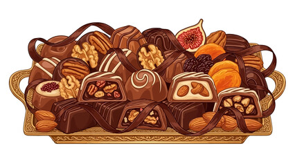 Delicious chocolate candies with nuts and dried fruits on golden tray