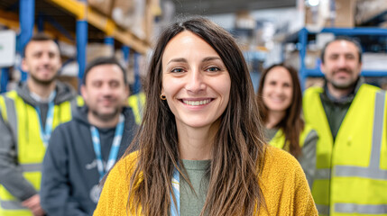 A smiling woman stands in front of a group of colleagues in a warehouse, all wearing safety vests, showcasing teamwork and a positive work environment.