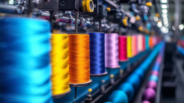 Colorful thread spools move through a factory in a textile production process