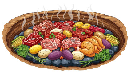 Delicious barbecue with steaks, chicken, potatoes, and corn on grill