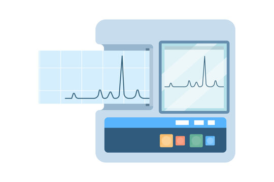 Electrocardiogram ECG machine displaying heart rhythm on screen. Medical equipment for hospital use, showing ECG graph for cardiovascular diagnosis and patient heart monitoring.