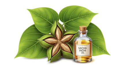 Sacha inchi oil bottle with green leaves and seeds