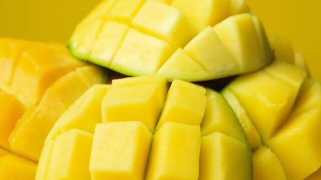 Juicy mango halves with cube cut pattern close-up rotation on yellow background
