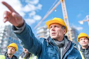 A construction supervisor directs a team on-site, wearing a hard hat, amidst cranes and buildings under construction.