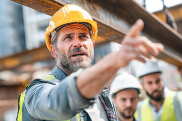 A construction supervisor directs his team, wearing safety gear, while overseeing a project on a building site.