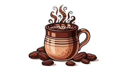 Steaming hot coffee in a rustic mug with coffee beans