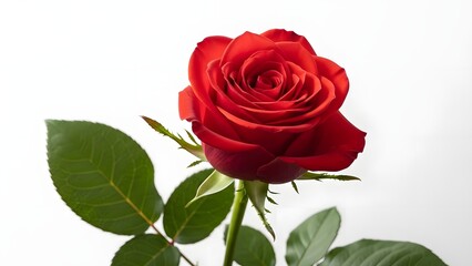Fototapeta premium A single vibrant red rose with lush green leaves on a white background
