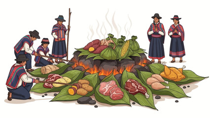 Traditional Andean people cooking meat and vegetables on open flame
