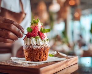 A beautifully decorated cupcake topped with strawberries and mint, held by a chef's hand, set against a softly blurred background.