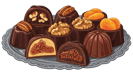 Delicious assorted chocolates with nuts and fruits on a platter