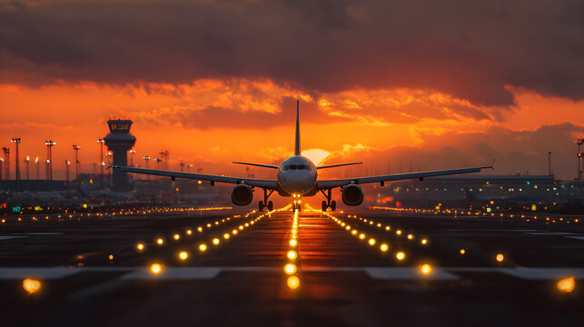 Ultra HD Commercial airplane on a runway at sunset, with a dramatic orange sky and illuminated landing lights, preparing for takeoff or landing image