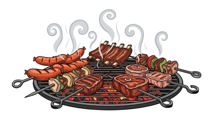 Delicious barbecue grill with sizzling meat and vegetables