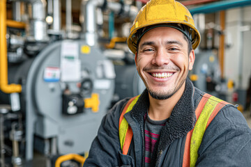 A smiling worker in a safety helmet stands confidently in an industrial setting, showcasing a positive attitude and dedication to his job.