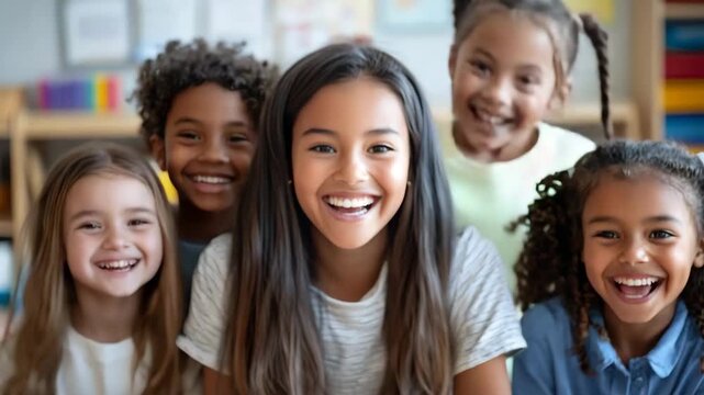Children smiling together in classroom setting during morning activity time with friends