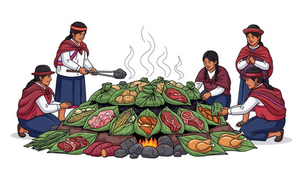 Traditional Andean people cooking meat and vegetables on open fire